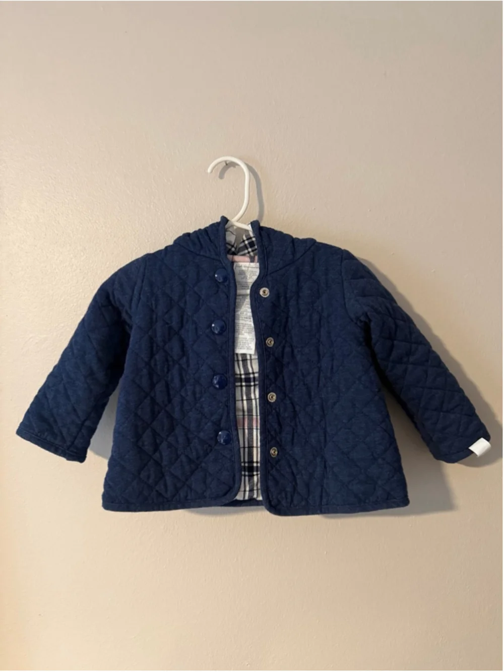 Quilted Navy Blue Hooded Jacket with Plaid Lining